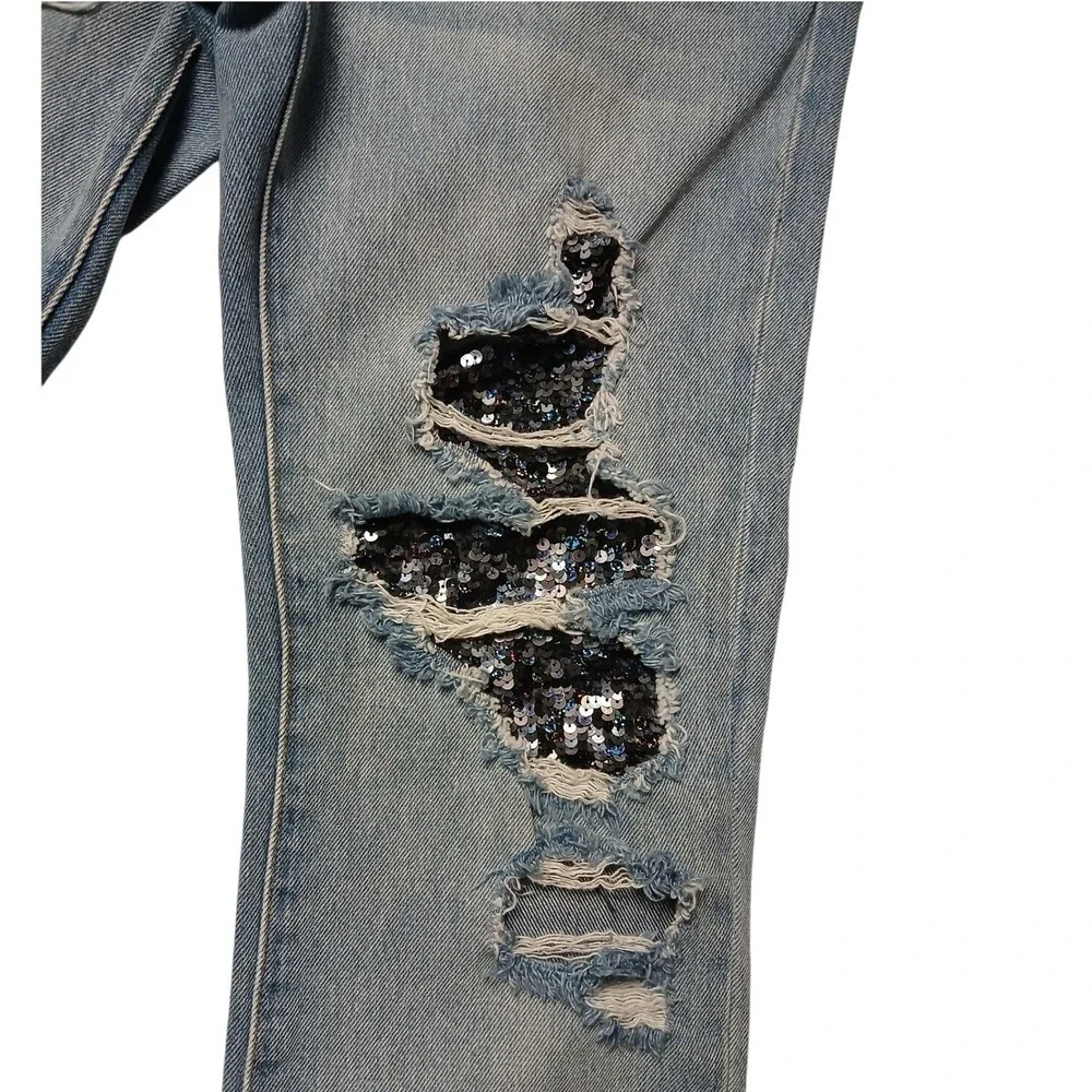 Free People Distressed‎ Sequin Patch Light Wash Straight Leg Jeans Womens 27